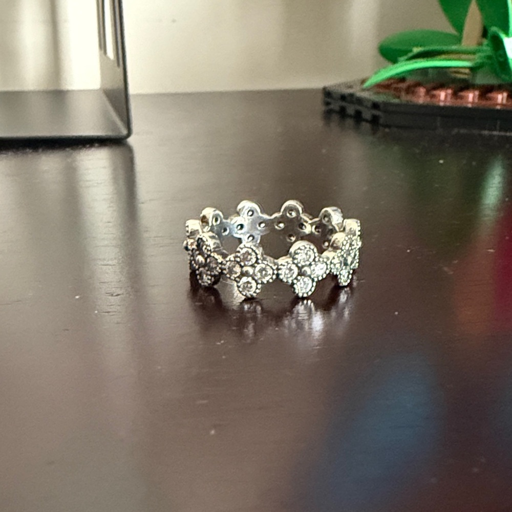 Pandora Silver Floral Ring with Sparkling Accents